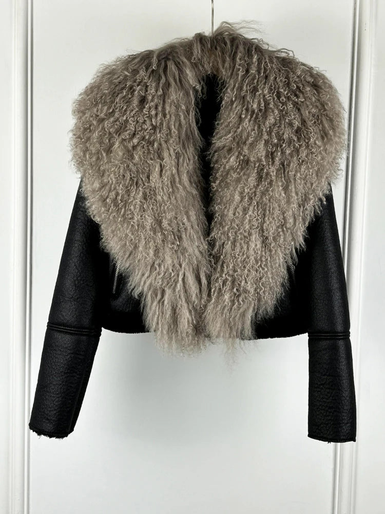 2025 Winter Women Warm Faux Leather Sheepskin Coat Female Zipper Slim Streetwear Moto Biker Jacket Large Real Wool Fur Collar - Matrix Studios
