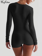 Hugcitar Spring Ribbed Solid Square Collar Long Sleeve Buttons Sexy Bodycon Skinny Playsuit Women Casual Romper Streetwear Sport - Matrix Studios