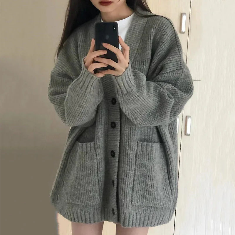 Autumn Winter Women Cardigan Sweater Coats Fashion Female Long Sleeve V-neck Loose Knitted Jackets Casual Sweater Cardigans - Matrix Studios