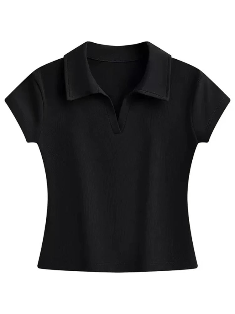 2026 Summer New Solid Color Ribbed Polo Collar Women T-shirt Korean Style Slim Short Sleeve Tee Minimalist Versatile Casual Top - Matrix-studios.com