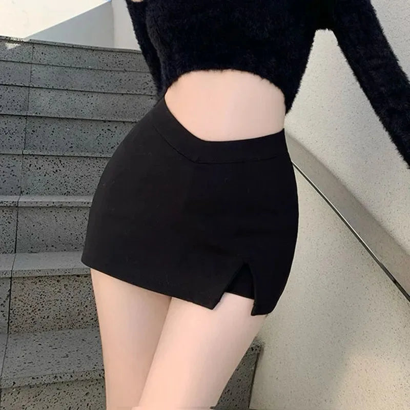 Black Split Mini Skirts Women Summer Sexy Club High Waist Slit Skirt Streetwear Korean Party Fashion Irregular Slim A Line Skirt - Matrix-studios.com