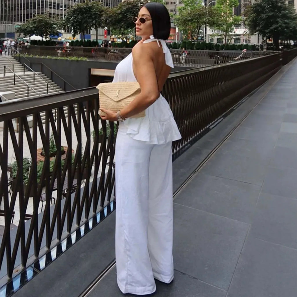 Two‑Piece Set Halter Tie‑Back Peplum Sleeveless Top & Wide‑Leg Pants Women Summer Backless Vacation Elegant Casual Matching Set - Matrix-studios.com