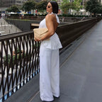 Two‑Piece Set Halter Tie‑Back Peplum Sleeveless Top & Wide‑Leg Pants Women Summer Backless Vacation Elegant Casual Matching Set - Matrix-studios.com