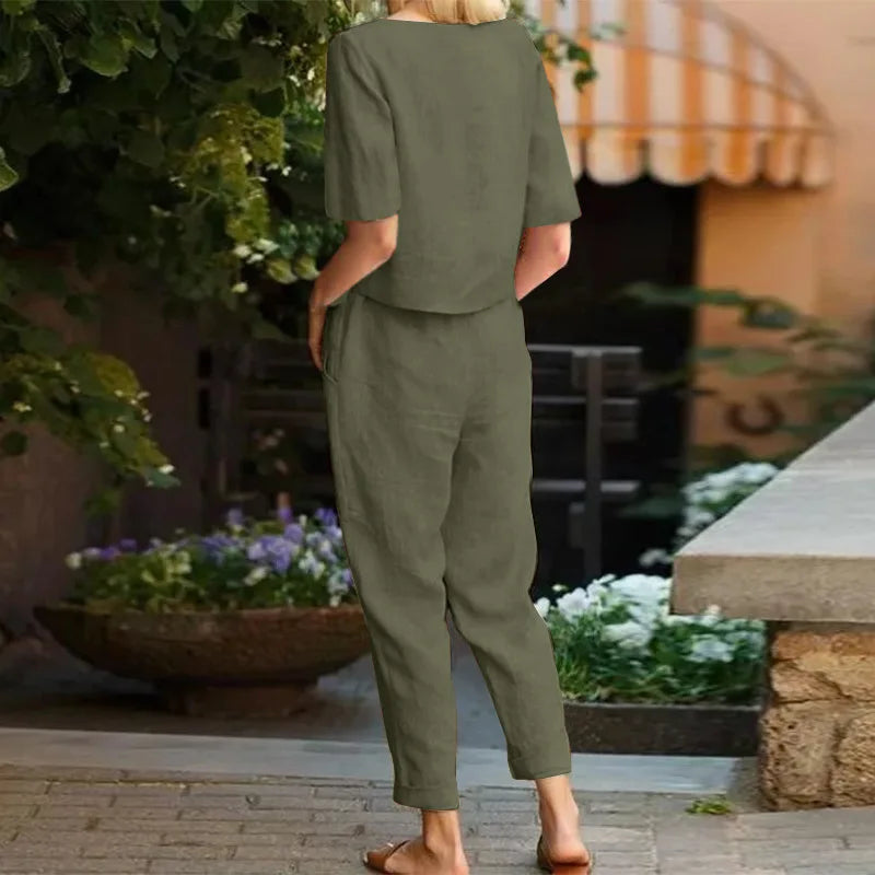 Women's Cotton Linen Suit Summer Matching Suit Half-sleeved Round Neck Tie Elastic Waist Trousers Wide-leg Pants Retro Suit 2024 - Matrix-studios.com