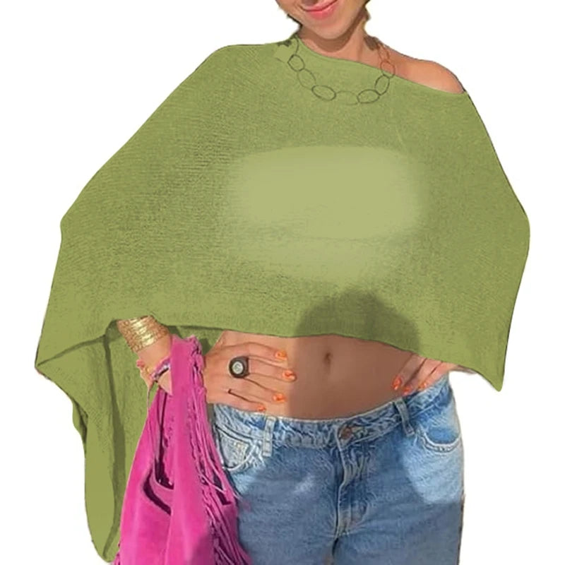 Combhasaki Women Knitwear Bikini Cover-up See-through Solid Off Shoulder Irregular Triangle Hem Loose Pullover Summer Beach Tops - Matrix Studios
