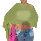 Combhasaki Women Knitwear Bikini Cover-up See-through Solid Off Shoulder Irregular Triangle Hem Loose Pullover Summer Beach Tops - Matrix Studios