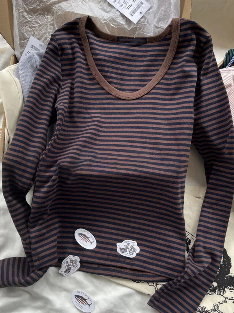 Pink Striped Slim Long Sleeve Tees Women Spring Casual Cotton O-neck Tshirt New Tops Clothes Sweet Cute  Vintage T-shirts Y2K - Matrix-studios.com