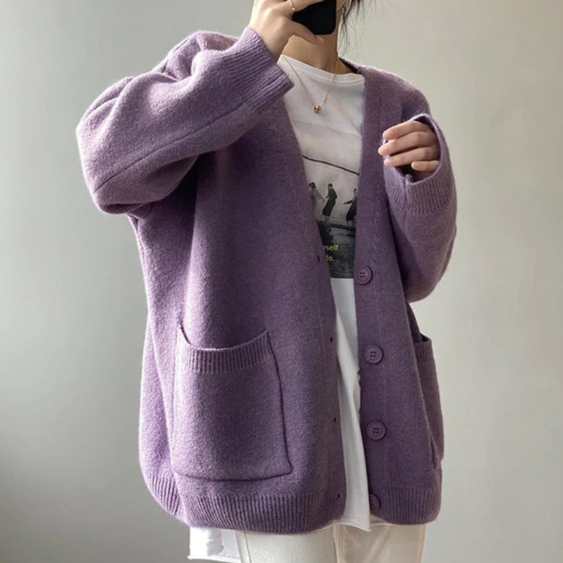 2024 Chic Yellow Sweater Cardigan Women Lazy Wind Single-Breasted Knitted Cardigan Women Solid V Neck Cardigans Female - Matrix Studios