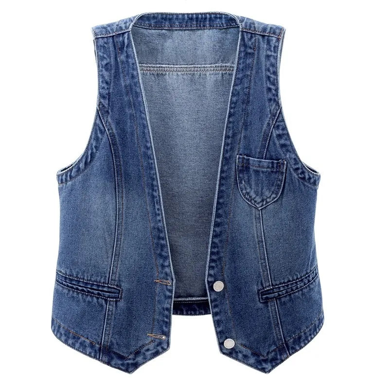 Women Vintage Denim Waistcoat Jacket 2026 Spring New Female Short Slim Sleeveless Coat Vest 6XL Single Breasted Solid Casual Top - Matrix Studios