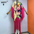 WINYI Kimono Cover-ups Summer Boho Print Bikini Cover-up Elegant Fashion Cardigan Sexy Holiday Long Sleeve Tassels Maxi Dress - Matrix Studios