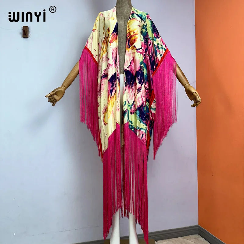 WINYI Kimono Cover-ups Summer Boho Print Bikini Cover-up Elegant Fashion Cardigan Sexy Holiday Long Sleeve Tassels Maxi Dress - Matrix Studios