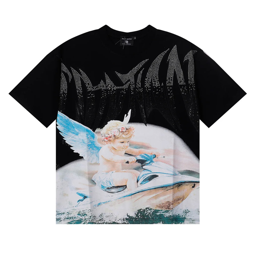 MIXED EMOTION Shirt Rhinestone Short Sleeve Men Women T-shirt Streetwear 100% Cotton Loose Round Neck Top Tees Oversized Tee Top - Matrix Studios