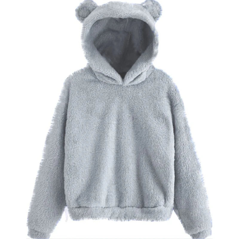 Winter Korean Fashion Bear Ears Cute Loose Hoodie Fluffy Hooded Warm Sweatshirt Long Sleeve Top Solid Pullover Clothes For Women - Matrix Studios