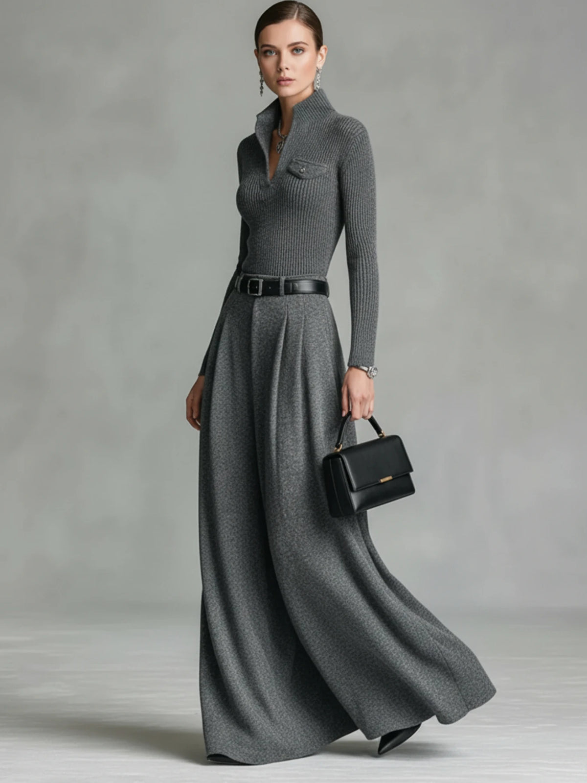 Half Zip Sweatshirt & Wide Leg Pants Matching Set 2 Piece Loungewear Co-ord Outfit Women Elegant Stand Collar Tracksuit with Pockets - Matrix-studios.com