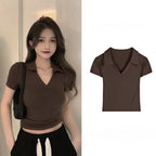 Polo Golf Shirt V-Neck Short Sleeve T-Shirt Women's Summer Harajuku Design Y2K Slim-Fit Base Layer Cropped Top Straight Shoulder - Matrix-studios.com