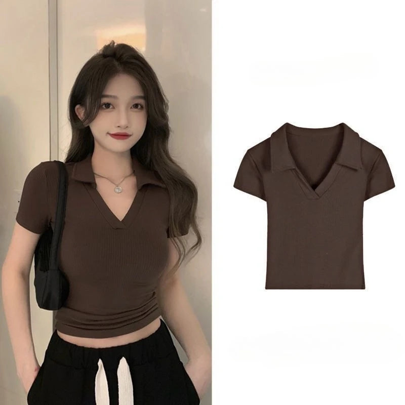 Polo Golf Shirt V-Neck Short Sleeve T-Shirt Women's Summer Harajuku Design Y2K Slim-Fit Base Layer Cropped Top Straight Shoulder - Matrix-studios.com