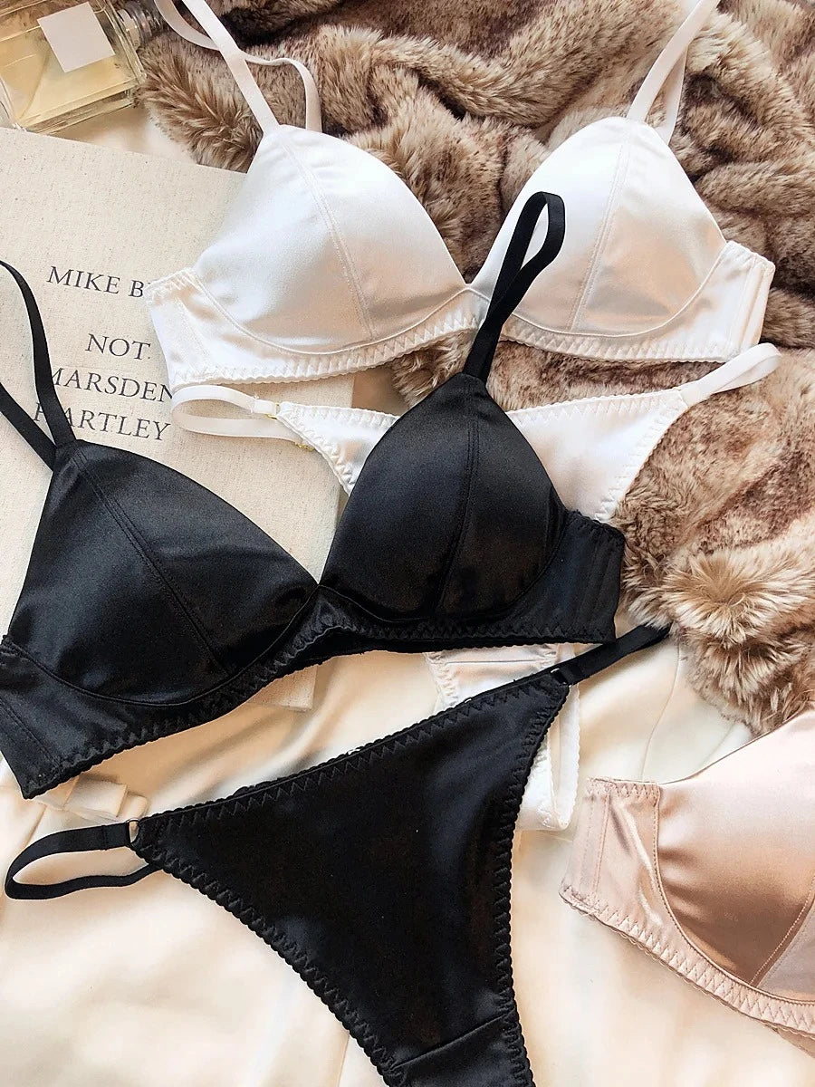 Summer Women Underwear Set Sexy Silken Triangle Cup Wireless Bras French Bralette Seamless Intimates Bra and Thong Lingerie Set - Matrix-studios.com