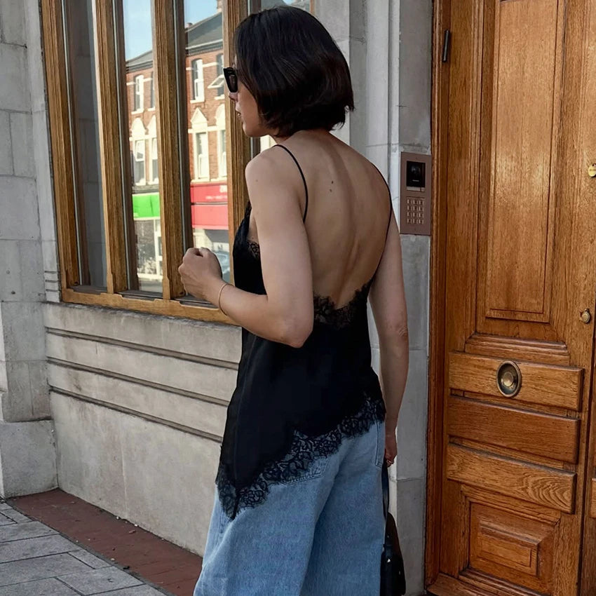 Linad Sexy Black Backless Lace Camisole Women Street Chic Spaghetti Strap Tops Female Casual Patchwork Silk Vest Female 2025 - Matrix-studios.com
