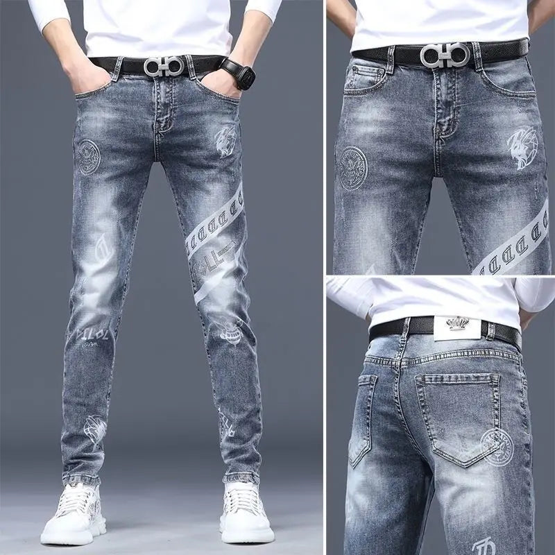 High End Stylish Classic Distinctive Printed Black Stretch Denim Jeans for Men High Quality Slim Fit Stretch Luxury Denim Pants - Matrix Studios