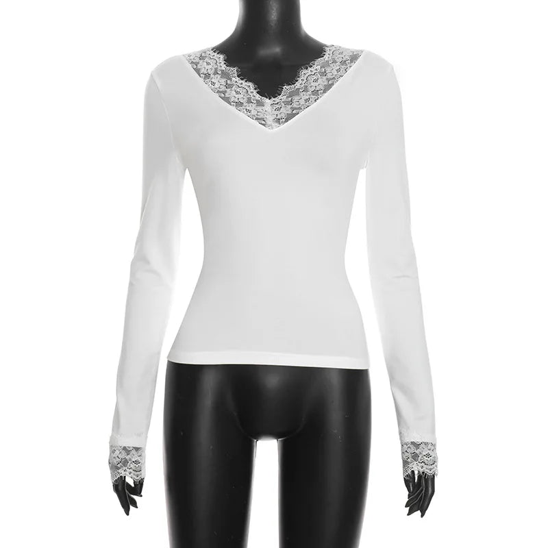 Tornova V neck Lace T shirt Top Women Sexy Navel Exposed Pullover Fashion Splice Hot Girl Club Party Top Autumn New Lady T shirt - Matrix-studios.com