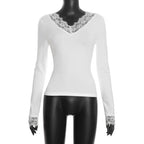 Tornova V neck Lace T shirt Top Women Sexy Navel Exposed Pullover Fashion Splice Hot Girl Club Party Top Autumn New Lady T shirt - Matrix-studios.com