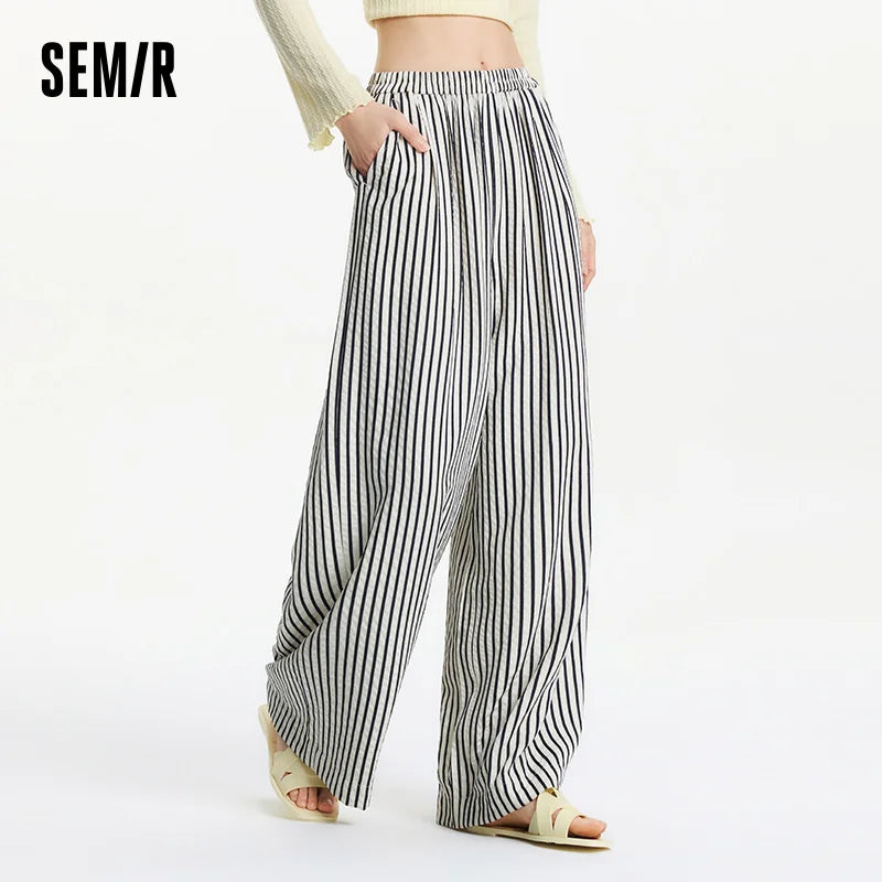 Semir Elastic Waist Casual Pants Women Lazy Chic 2025 Summer New Striped Wide Leg Lengthening Trousers for Daily Walks