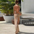 Women Cover Ups Sexy Hollow Out Dresses Spliced Sleeveless Split Long Dress Swimwears Sling Backless Knit Y2k Summer Beach - Matrix Studios