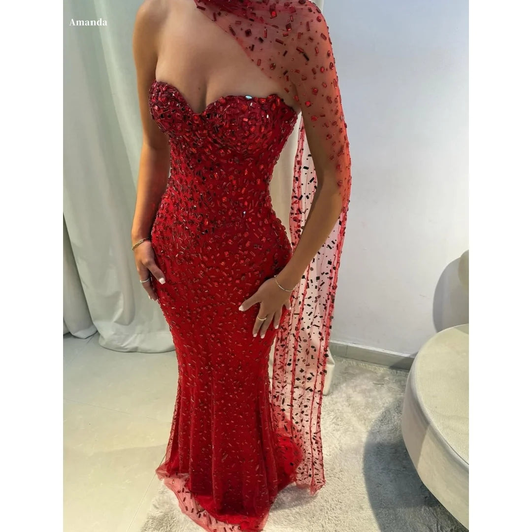 Amanda Customized Women Red Strapless Prom Dress Sequin One-Shoulder Cape vestidos de noche Mermaid Maxi Formal Evening 2025 - Matrix Studios