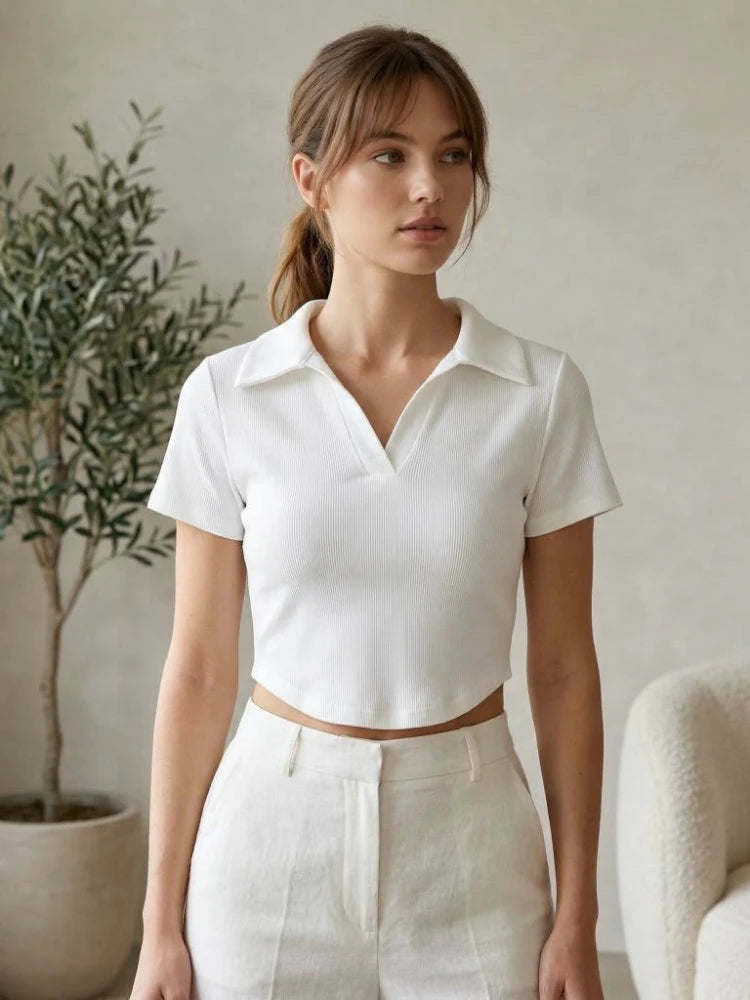 Zjaiss 2026 Summer Solid Slim Fit Women T‑Shirt Fashion Casual Versatile Cotton Tee Trendy POLO Neck Short Sleeve Crop Top - Matrix-studios.com
