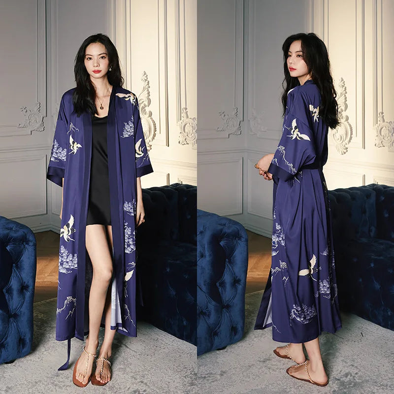 Print Flower Long Kimono Bathrobe Gown Sexy Women Half Sleeve Wedding Robe Nightgown Spring Summer Rayon Home Dress Sleepwear - Matrix-studios.com