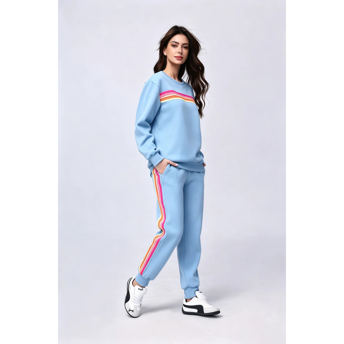 Women's 2 Piece Outfits Rainbow Stripe Sweatsuit Set Long Sleeve Crewneck Sweatshirt Pullover Top & Jogger Pants with Pockets Soft Casual Loungewear Tracksuit Oversized Relaxed Fit Matching Set for Fall Winter Streetwear