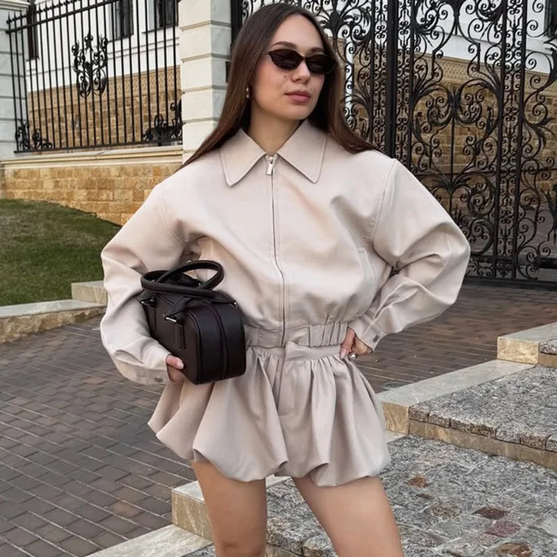 Tuularose Women's 2 Piece Fashion Lapel Zip Jacket Pleated Shorts Suit Vintage Streetwear New Party  Autumn Female Short Sets - Matrix-studios.com