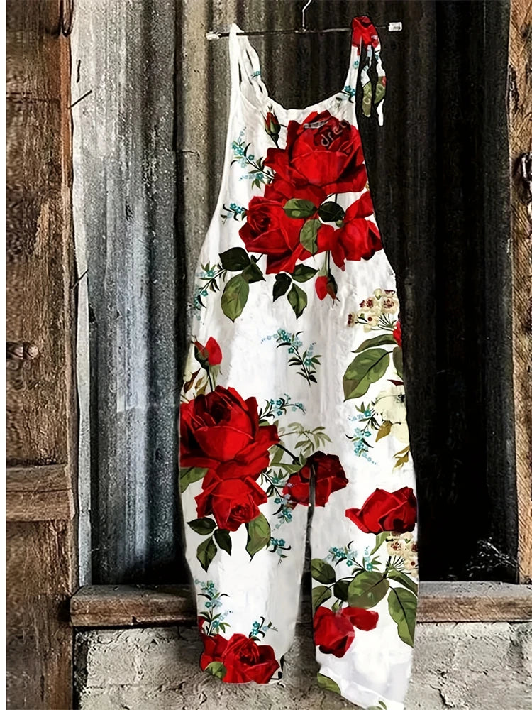 New Women's Sling Bodysuit Pants Sleeveless Floral Printed Wide Leg Pants Casual Outdoor Loose Backless Comfortable Breathable - Matrix Studios
