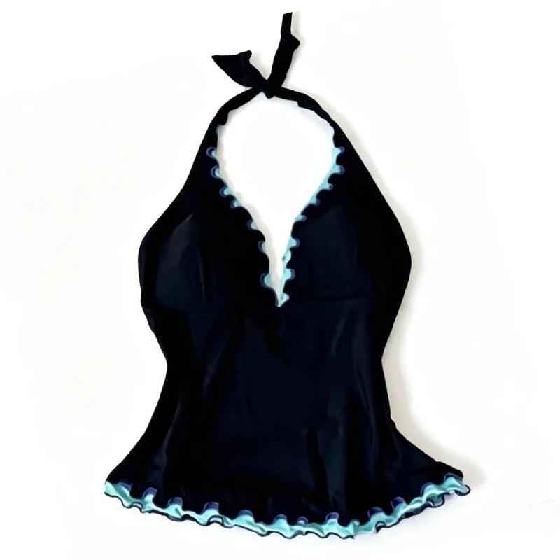 Y2K Vintage Halter Tankini Skirt Bikini Set Summer Vacation Black Ruffle Edge Letter Print Bathing Suit Women Sexy Beachwear For - Matrix-studios.com