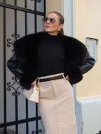 Black Fur Collar Leather Jacket Women Chic Solid Full Sleeves Waist Cinching V-neck Short Coat 2026 Lady High Street Outerwear - Matrix Studios