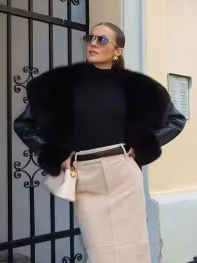 Black Fur Collar Leather Jacket Women Chic Solid Full Sleeves Waist Cinching V-neck Short Coat 2026 Lady High Street Outerwear - Matrix Studios