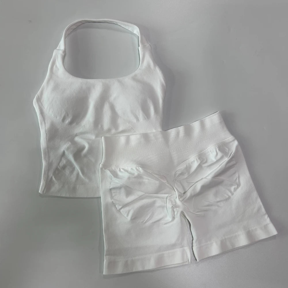 No Logo 2 Pieces Gym Set Women Backless Halter Tops High Waist Seamless Shorts Gym Suit Fitness Clothes Sportswear Workout Sets - Matrix-studios.com