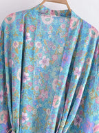Boho Queens Floral Print Sashes Bohemian Kimono Women  V Neck Batwing Sleeves Short Robe Vacation Beach Bikini Cover-ups - Matrix Studios