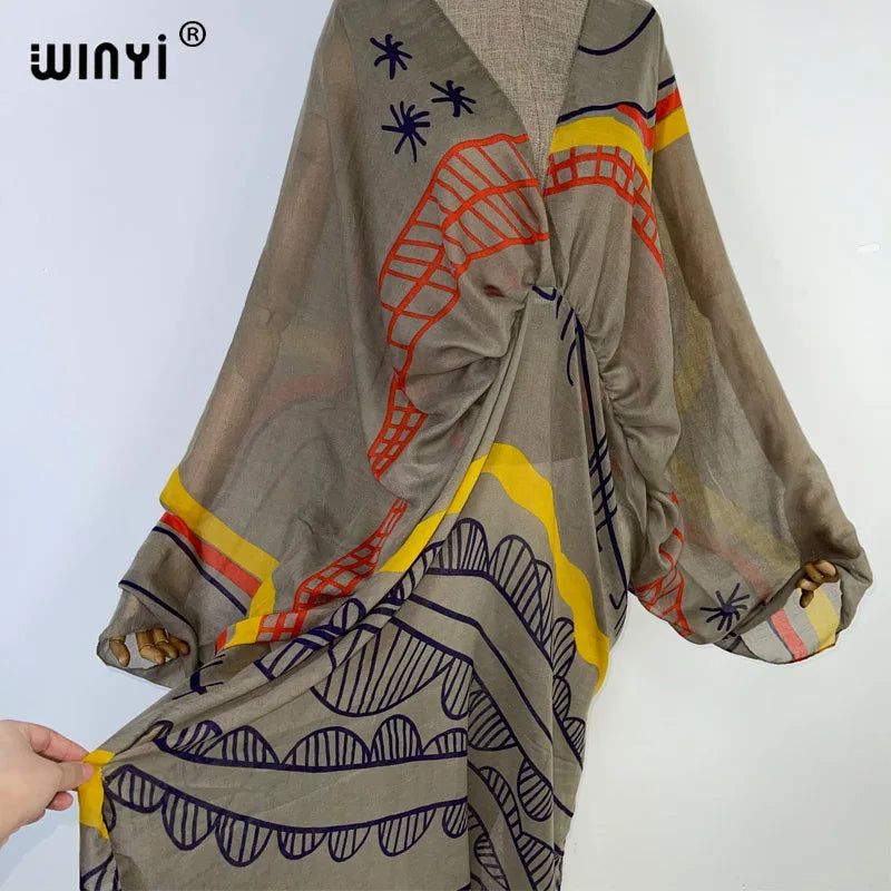 WINYI Graffiti Print Swimsuit Cover Up Women Beach Tassels Dress Sexy V-neck Dresses Summer Woman Clothes Robe Fashion Kaftan - Matrix Studios