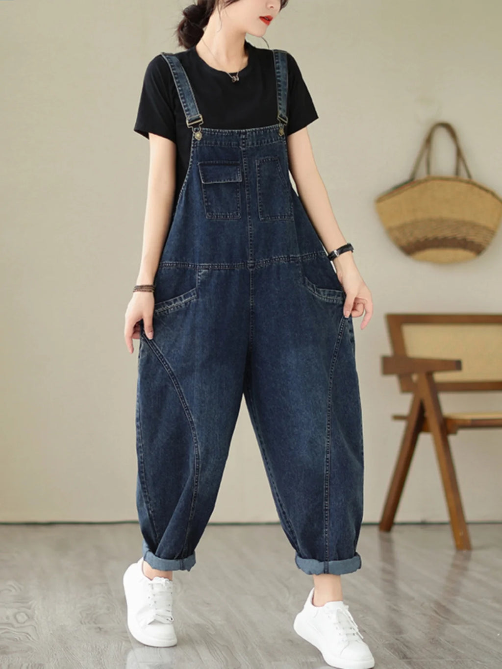 Fall Women's Loose Jeans Overalls Deep Blue High Waist Design Sensation plus Size Faion plus Size Women's Loose Slimming - Matrix-studios.com