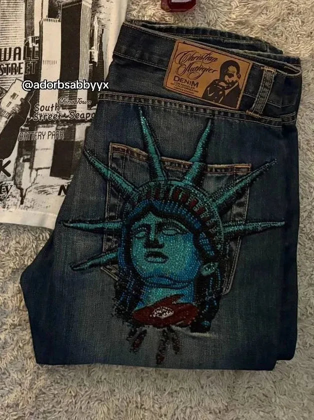 Vintage 2000s Statue of Liberty Jeans High Waisted Baggy Straight Denim Pant Streetwear Jean Hot Stamp Diamond Studded Y2k Pants - Matrix-studios.com