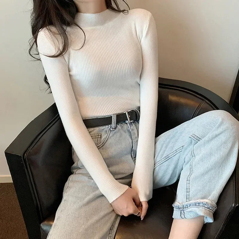 Women Sweater Pullover Autumn Winter Knitted Half High Collar Long Sleeve Slim Jumper Tops 2025 Casual Shirts Soft Warm Clothing - Matrix Studios