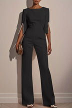 Women's Jumpsuit Casual Solid Color 3/4 Length Sleeve Straight Round Neck Beaded High Waist Daily Going out Regular Fit Black Wh - Matrix Studios