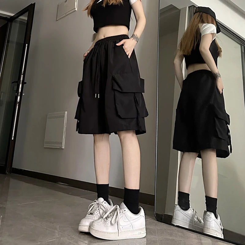 ZOKI Women High Waist Cargo Shorts American Style Streetwear Summer Wide Leg Pants Fashion Female Big Pocket Loose Shorts New - Matrix Studios