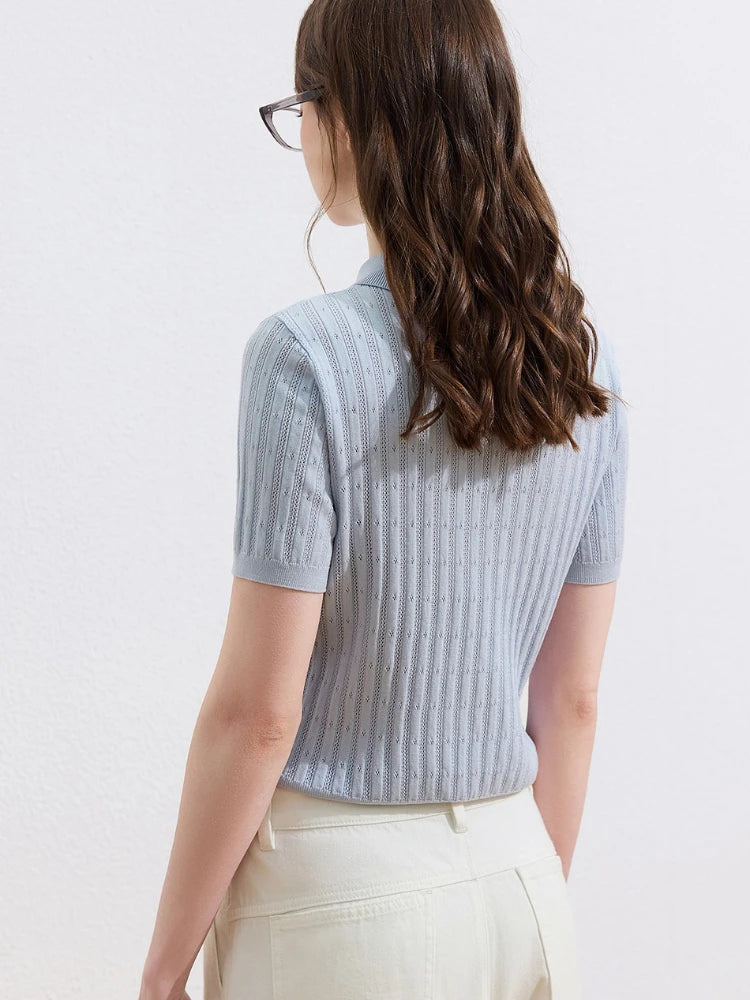 2026 Summer New Elegant Women T-shirt Hollow Jacquard Polo Collar Knit Top Women Slim Figure Flattering Versatile Tee - Matrix-studios.com