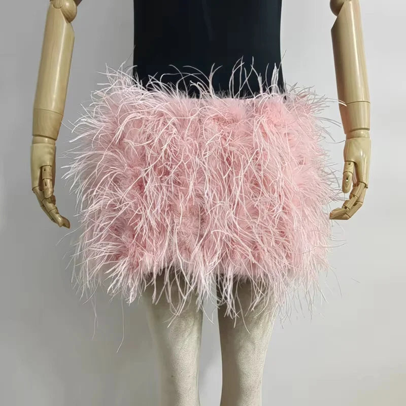 Real feather mini skirt, elastic waist sexy clothing, club, party dance party carnival short skirt can be customized in size - Matrix Studios
