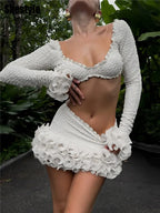 Shestyle Texture White Women 2 Piece Sets Autumn Ruffles Super Short Crop Tops V Neck Sheath Skirts Brand Design Party Outfits - Matrix-studios.com