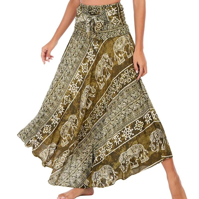 Boho Skirts Women Rayon Beach Long Dress Summer Bohemian Jupe Longue Femme Elastic Waist Print Floral Bandage Halter Hippie - Matrix Studios
