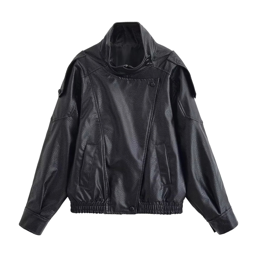 HH 2026 Women Trend Pu Leather Black Coats Stand Collar Long Sleeve Zipper Jacket Woman Fashion Vintage High Street Pu Jackets - Matrix Studios