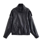HH 2026 Women Trend Pu Leather Black Coats Stand Collar Long Sleeve Zipper Jacket Woman Fashion Vintage High Street Pu Jackets - Matrix Studios